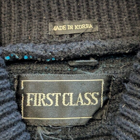 Vintage First Class Blue/Black Pattern Chunky Knit Sweater Ski Après Medium - Picture 6 of 15
